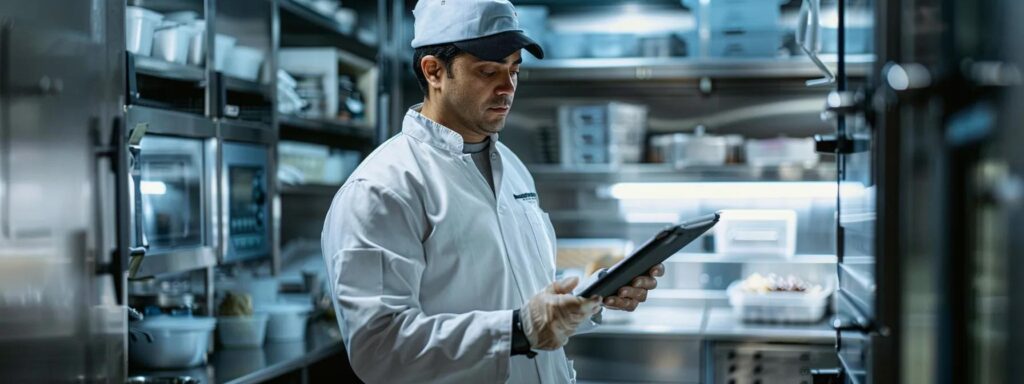 a focused technician in a sleek, modern nyc commercial kitchen expertly assesses a complex refrigeration unit with advanced diagnostic equipment, highlighting the intricate components and technology involved in ensuring optimal cooling performance. a focused technician in a sleek, modern nyc commercial kitchen expertly assesses a complex refrigeration unit with advanced diagnostic equipment, highlighting the intricate components and technology involved in ensuring optimal cooling performance.